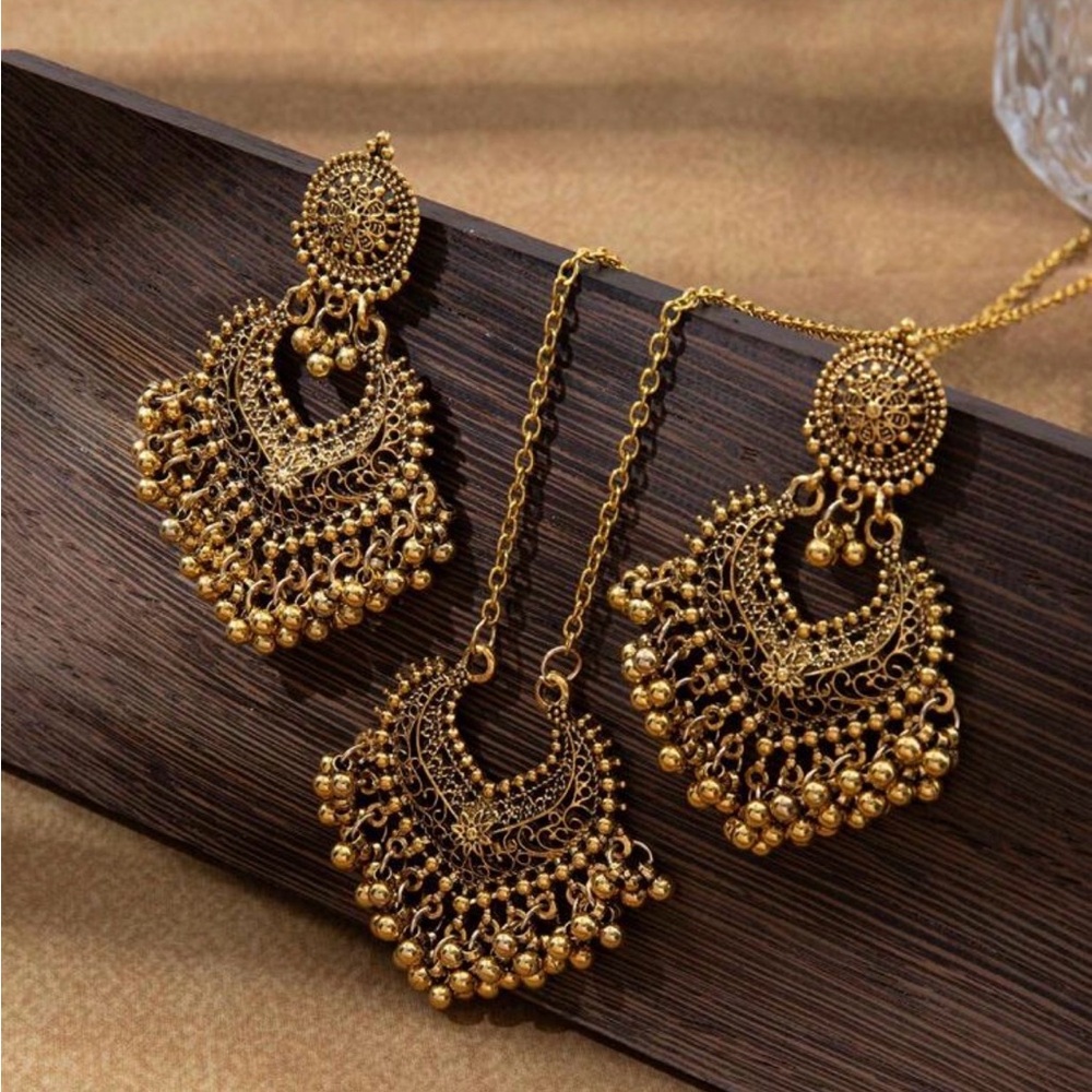 Gold Filigree Chandbali Necklace and Earrings Set - Women Jewelry
